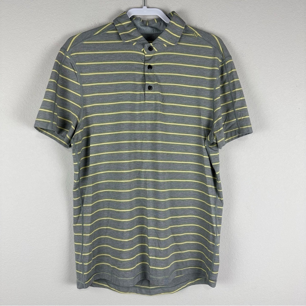 Lululemon Men’s Gray Yellow Stripe Short Sleeve Polo Shirt Size Large